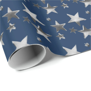 Faux Silver Christmas Stars Pattern Navy Blue Wrapping Paper
