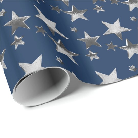 Faux Silver Christmas Stars Pattern Navy Blue Wrapping Paper | Zazzle.com