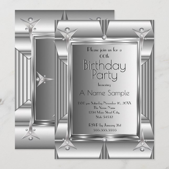 Faux Silver Chrome Metal look Birthday Party  Invitation (Front/Back)