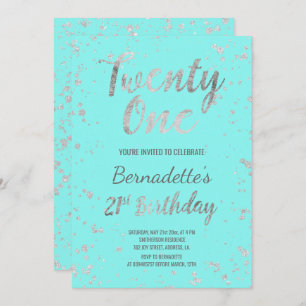 Faux silver confetti splatters teal 21st Birthday Invitation