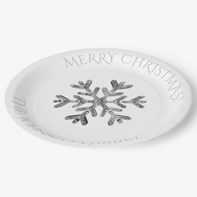 Faux Silver Diamonds Snowflake Christmas Party Paper Plates (Angled)