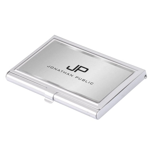 Faux Silver Elegant Modern Simple Sleek Monogram Business Card Case (Front)