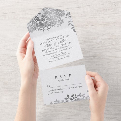 Faux silver elegant vintage lace wedding all in one invitation