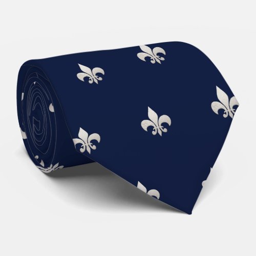 Faux Silver Fleur de lis DIY Navy Blue  Neck Tie