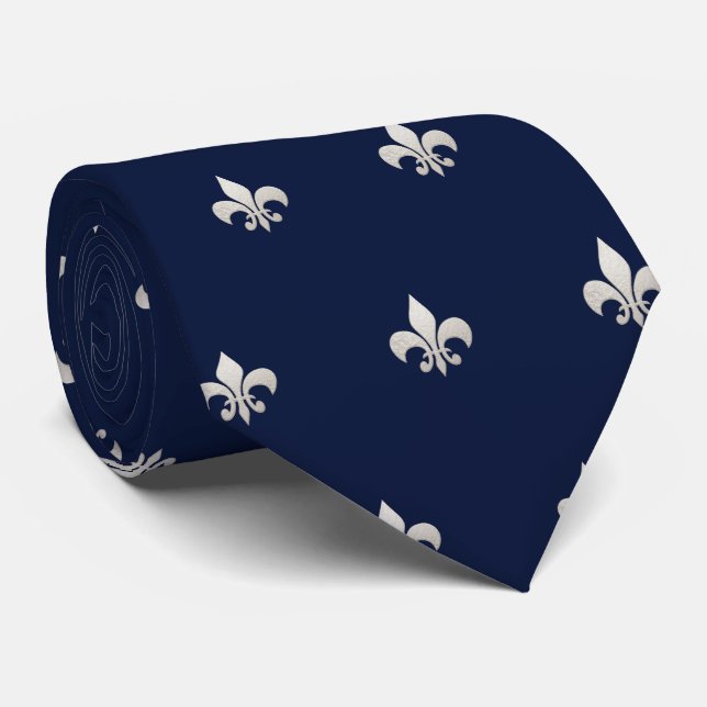 Faux Silver Fleur de lis DIY Navy Blue  Neck Tie (Rolled)