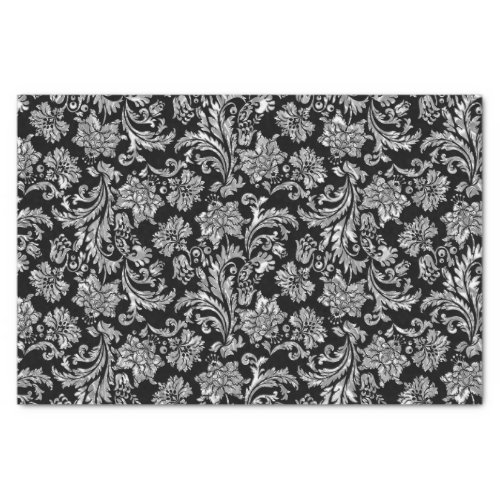 Faux Silver Floral Damasks Black Background 2 Tissue Paper