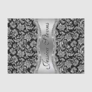 Faux Silver Floral Damasks Black Background Tissue Paper