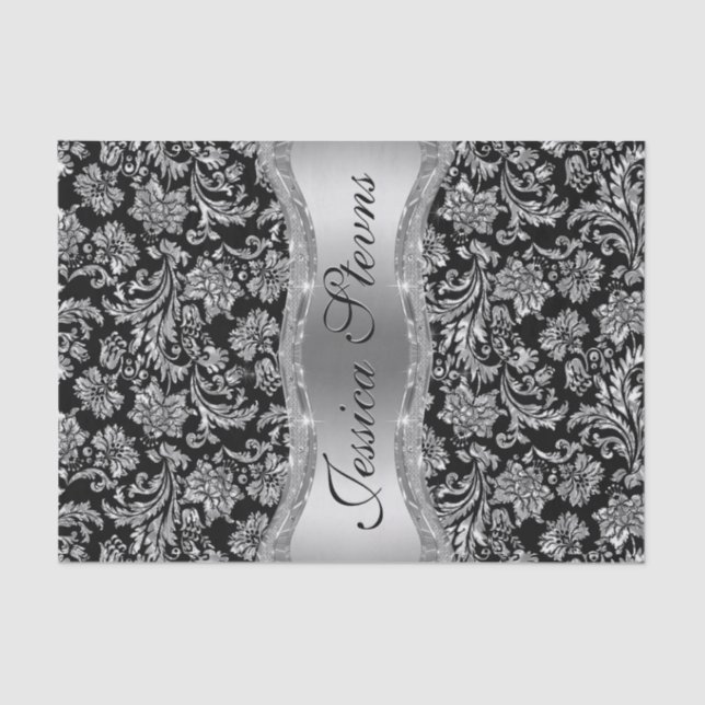 Faux Silver Floral Damasks Black Background Tissue Paper (Front)