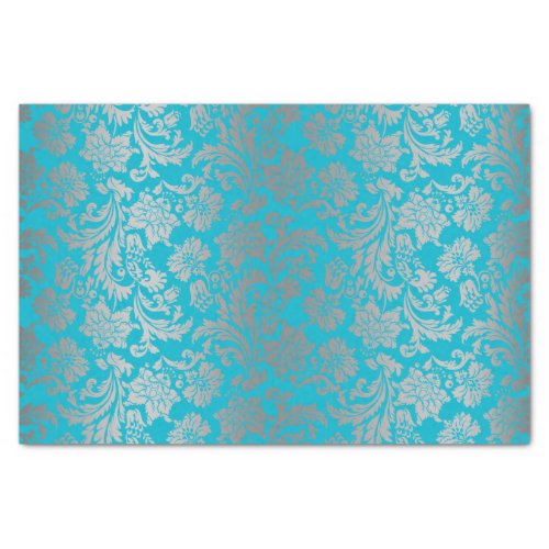 Faux Silver Floral Damasks Blue Background Tissue Paper