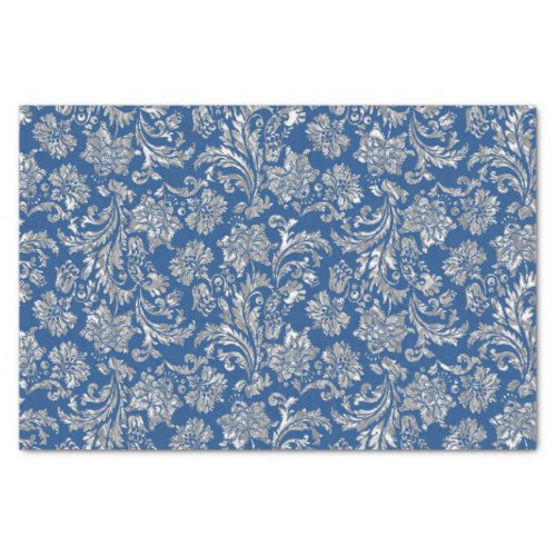 Faux Silver Floral Damasks Blue Background Tissue Paper