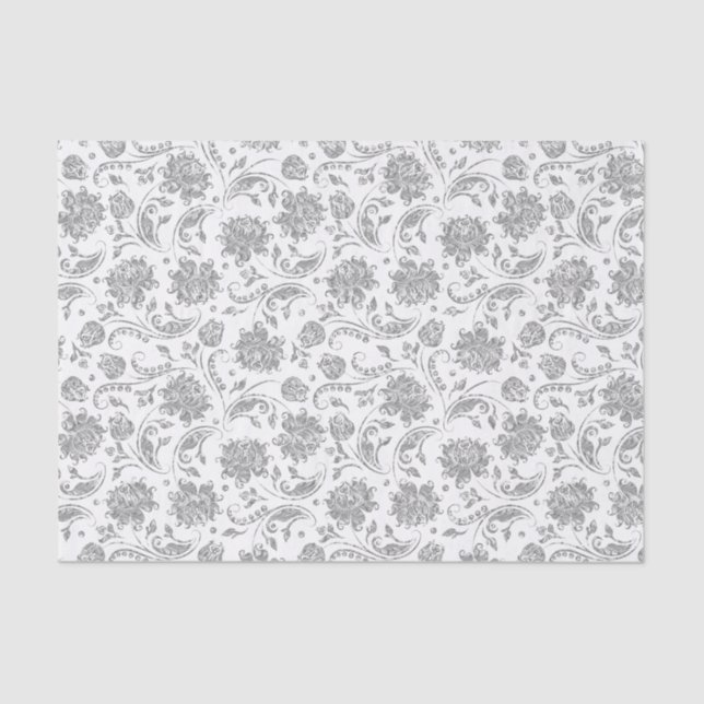 Faux Silver Floral Damasks White Background Tissue Paper (Front)