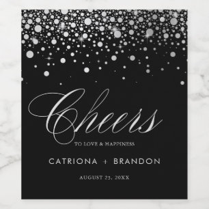Faux Silver Foil and Black Confetti Dots Wedding Wine Label