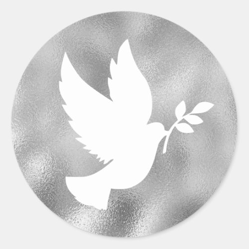 Faux Silver Foil and White Peace Dove Classic Round Sticker