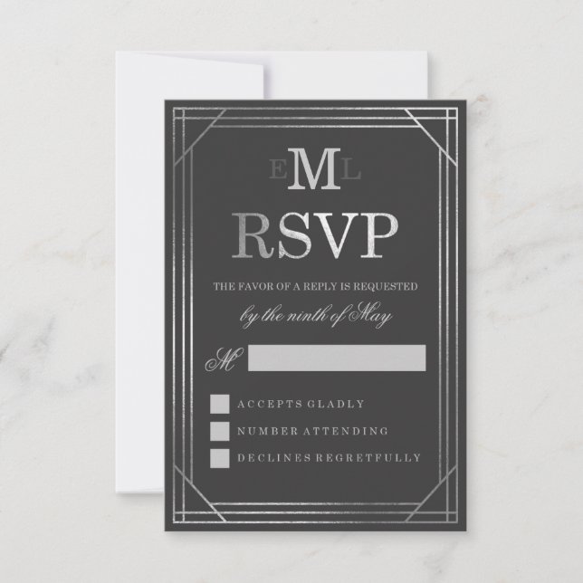 Faux Silver Foil Art Deco | Wedding RSVP Card (Front)