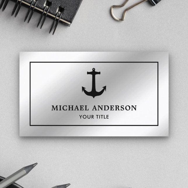 Faux Silver Foil Black Nautical Anchor Business Card (Creator Uploaded)