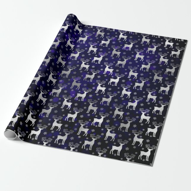 Faux Silver Foil Christmas Reindeer & blue bokeh Wrapping Paper (Unrolled)