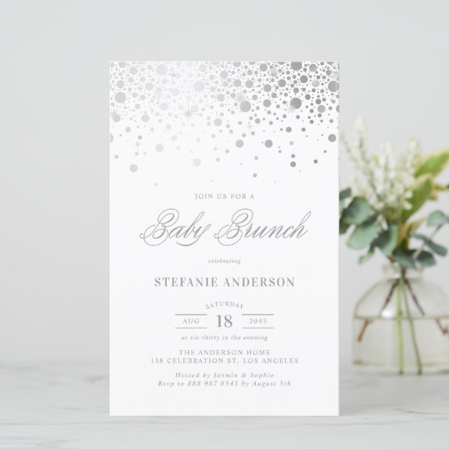 Faux Silver Foil Confetti Baby Brunch Invitation (Standing Front)