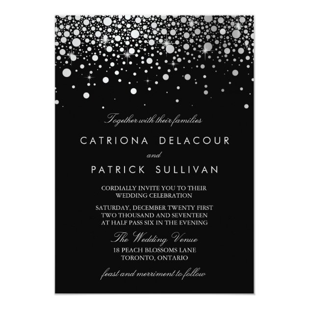 Faux Silver Foil Confetti Black And White Wedding Invitation