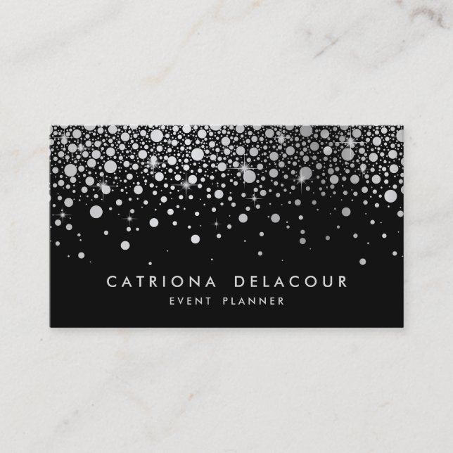 Faux Silver Foil Confetti | Black Business Card (Front)