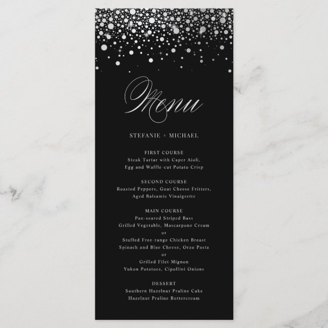 Faux Silver Foil Confetti Black Wedding Menu Card (Front)