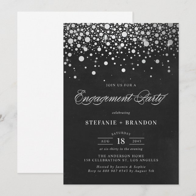 Faux Silver Foil Confetti Chalkboard Engagement Invitation (Front/Back)