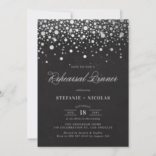 Faux Silver Foil Confetti Chalkboard Rehearsal Invitation (Front)