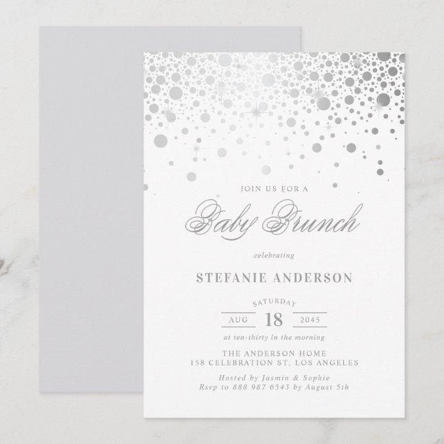 Faux Silver Foil Confetti Dots Baby Brunch Invitation (Front/Back)