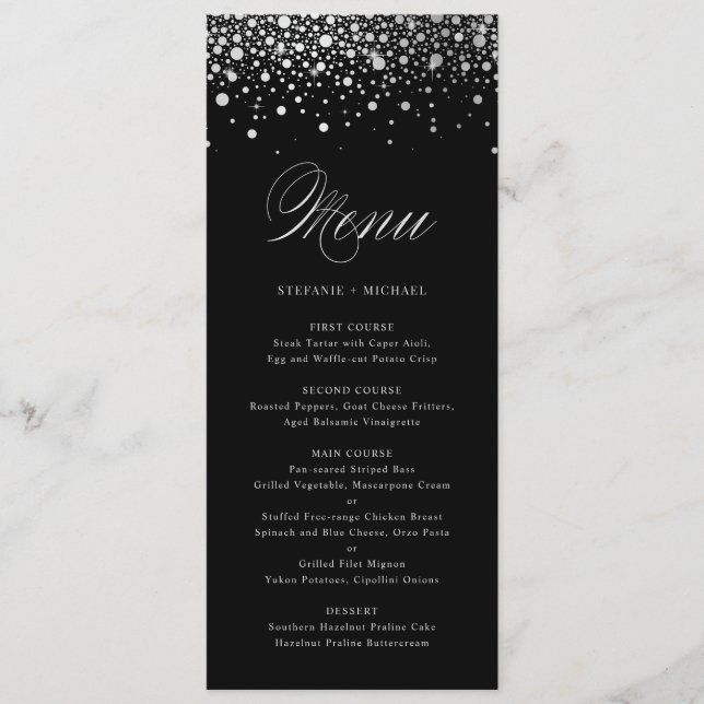 Faux Silver Foil Confetti Dots Black Menu (Front)