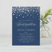 Faux Silver Foil Confetti Dots Blue Graduation Invitation (Standing Front)