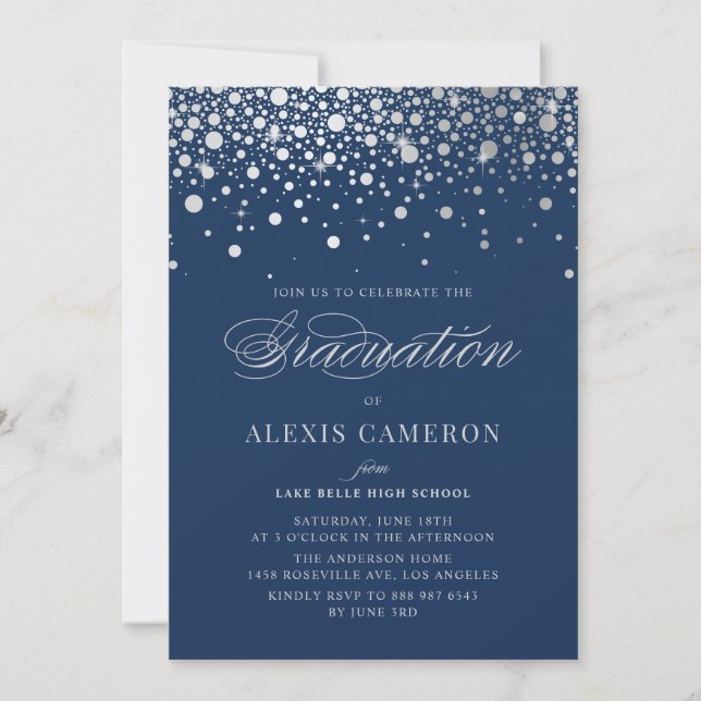 Faux Silver Foil Confetti Dots Blue Graduation Invitation (Front)