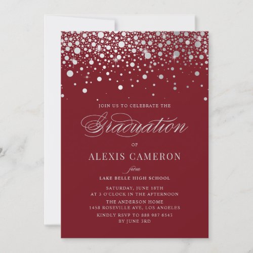 Faux Silver Foil Confetti Dots Burgundy Graduation Invitation