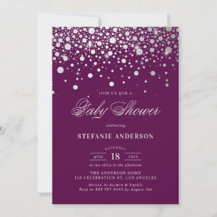 Faux Silver Foil Confetti Dots Purple Baby Shower Invitation