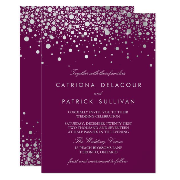 Faux Silver Foil Confetti Dots Purple Wedding Invitation