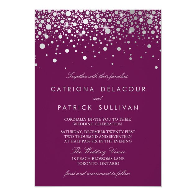 Faux Silver Foil Confetti Dots Purple Wedding Invitation