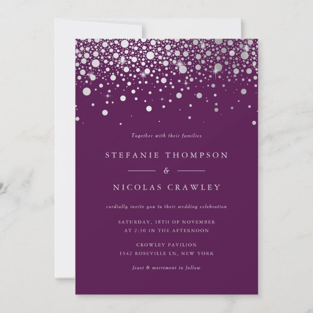 Faux Silver Foil Confetti Dots Purple Wedding Invitation (Front)