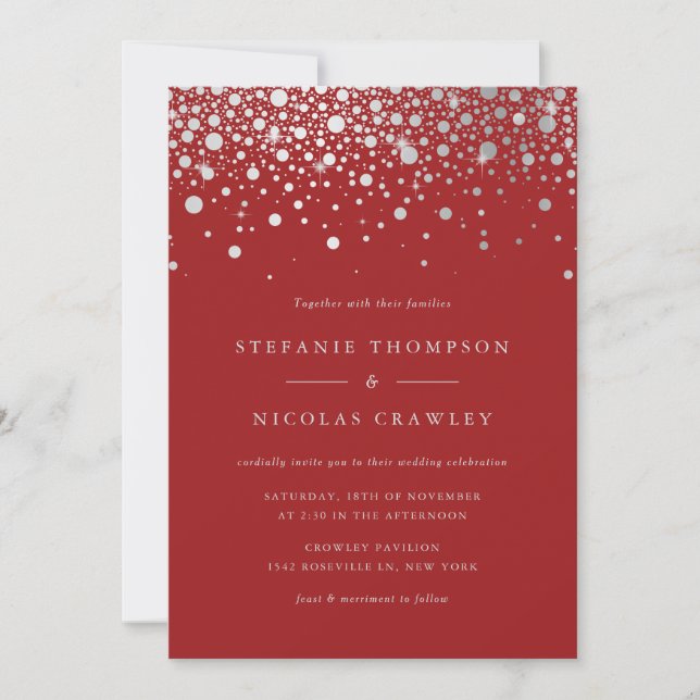 Faux Silver Foil Confetti Dots Red Wedding Invitation (Front)