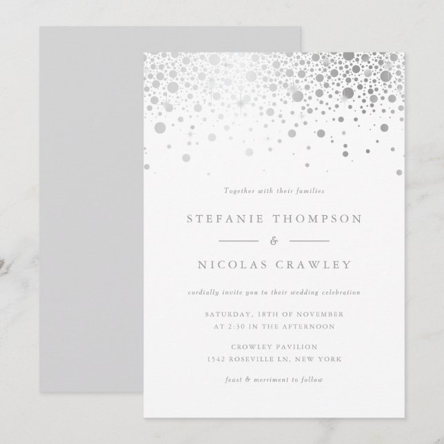 Faux Silver Foil Confetti Dots Wedding Invitation (Front/Back)