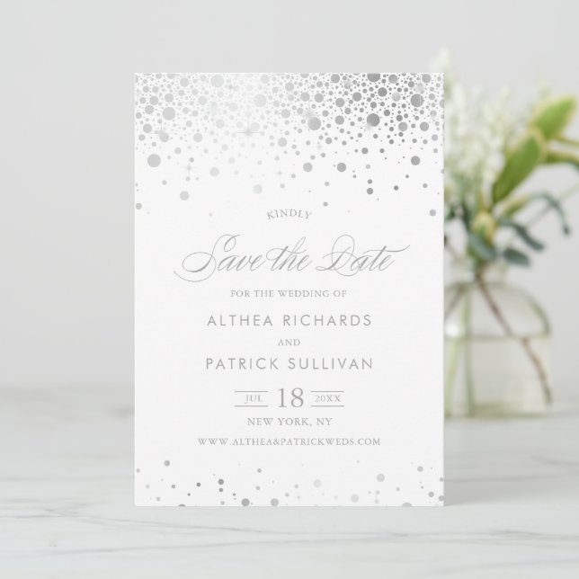 Faux Silver Foil Confetti Dots Wedding Save The Date (Standing Front)
