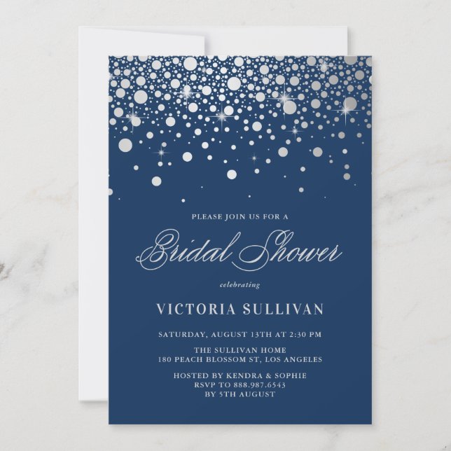 Faux Silver Foil Confetti | Navy Bridal Shower Invitation (Front)