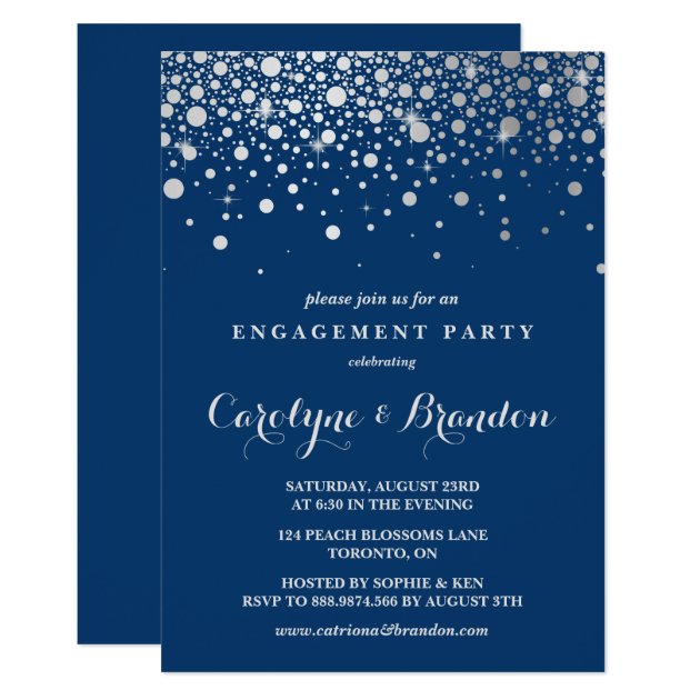 Faux Silver Foil Confetti | Navy Engagement Party Invitation