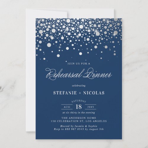 Faux Silver Foil Confetti  Navy Rehearsal Dinner Invitation