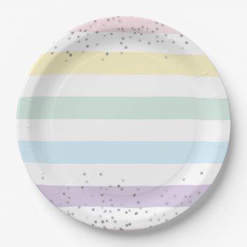 Faux Silver Foil Confetti & Pastel Rainbow Stripes Paper Plates by weddingsnwhimsy at Zazzle