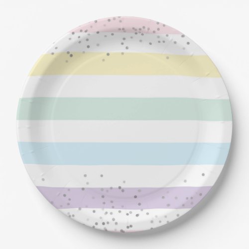 Faux Silver Foil Confetti  Pastel Rainbow Stripes Paper Plates