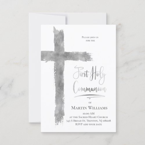 Faux silver foil cross First Holy Communion Invitation