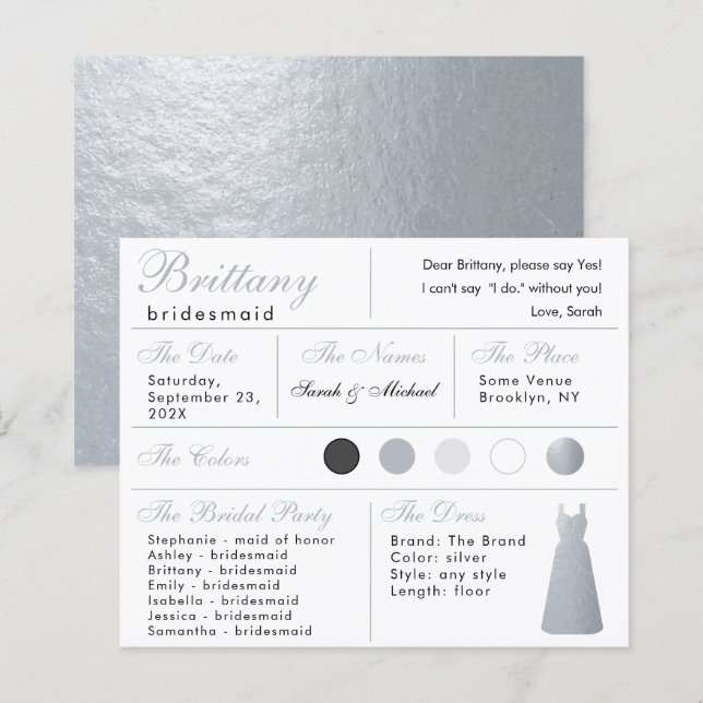 Faux Silver Foil Dress Bridesmaid Information Card (Front/Back)
