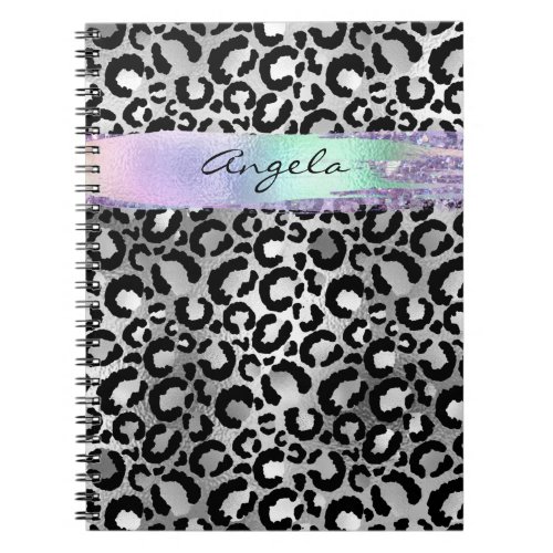 Faux Silver Foil Leopard Iridescent Brush Stroke Notebook