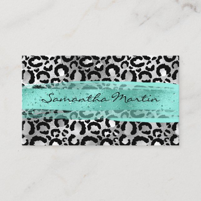 Faux Silver Foil Leopard Spot Aqua Brush Stroke Business Card (Front)