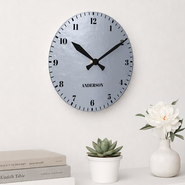 Faux Silver Foil Metallic Gray Black Numbers Name  Round Clock (Creator Uploaded)