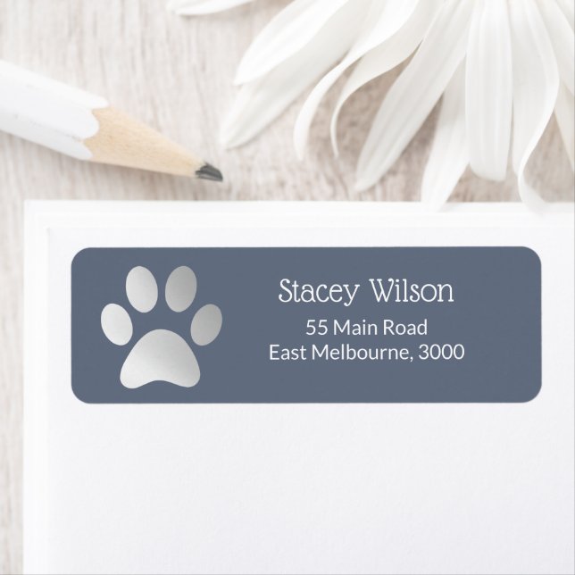 Faux Silver Foil Paw Print Logo On Blue Label (Insitu)