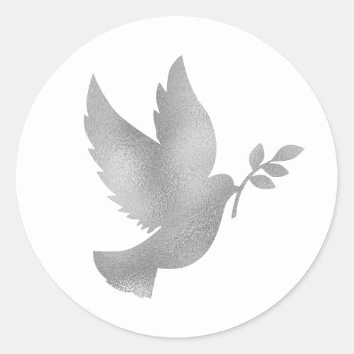 Faux Silver Foil Peace Dove with Olive Branch Classic Round Sticker